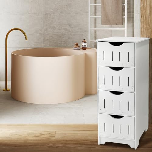 HUOLE Armario de Suelo para Baño, Armario de Almacenamiento, Armario de Pie, con 4 cajones MDF, para Baño, Sala de Estar, Comedor, Cocina, Estilo Moderno-30 * 30 * 82cm-Blanco
