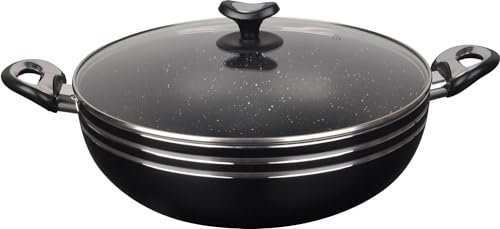 LAVV HOUSEWARES LTD Premium Marble Coated Non Stick Induction Wok with Glass Lid Black (Short Handle, 30cm)