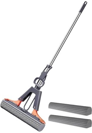 Escoba para Lavar el Suelo, fregona Esponja, fregona Esponja, Esponja Absorbente, fregona de Prensa, con 2 Esponja PVA Absorbente y Reutilizable, con Mango de Acero Inoxidable