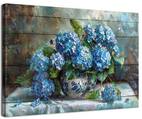 AIYISU Hydrangea Wall Art Prints Blue Bathroom Decor Vintage Botanical Prints Farmhouse Floral Pictures Rustic Flowers in Vase Canvas Painting Artwork for Bedroom Living Room Home Decorations 30x40cm