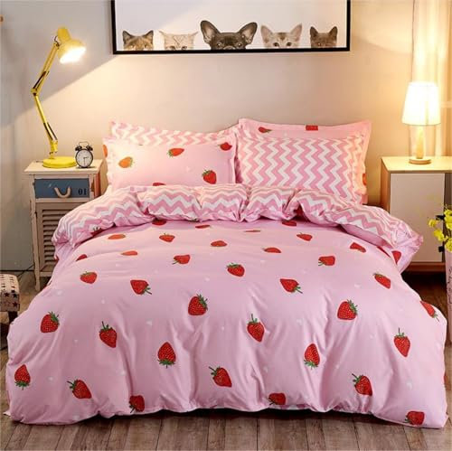 Freyamy Kinderbettwäsche 200x200cm 3teilig Rosa Rot Cartoon Erdbeere Kinder Wendebettwäsche Gebürstet Microfaser Weiche Mädchen Bettwaren-Sets Bettbezug mit Reißverschluss und 2 Kissenbezug 80x80cm