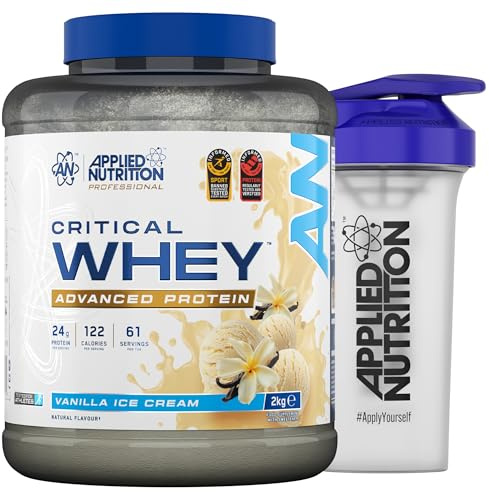 Applied Nutrition Critical Whey Protein Powder 2kg + Plastic Shaker - High Protein Powder, Muscle Building Supplement with BCAAs & Glutamine (2kg - 61 Servings) (Vanilla Ice Cream)