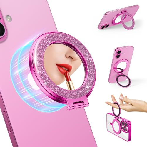 Magnetic Phone Stand Holder Built-in Mirror for Magsafe Case, [Electroplated & Glitter], Phone Grip Stand Ring Kickstand for iPhone 16 Pro Max/15/14/13/12 Series for Girl Women, Hot Pink