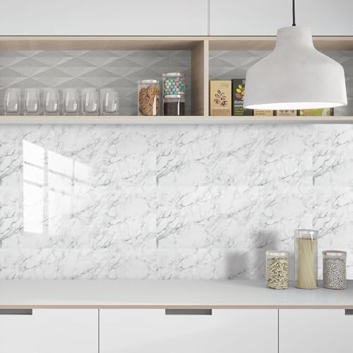 Piastrelle Adesive Cucina Marmo Bianco Piastrelle Adesive Bagno Impermeabile Piastrelle Adesive Bagno, Pvc Piastrelle Adesive,Pannelli Decorativi Per Pareti Piastrelle Bagno 10 Pezzi(20x20cm)