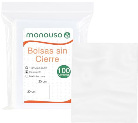 Monouso | 100 Bolsas Plástico Sin Cierre, 20x30cm, Color Transparente, Almacenimiento, Alimentos, Ferreterías, Peluquerías, Mercerías