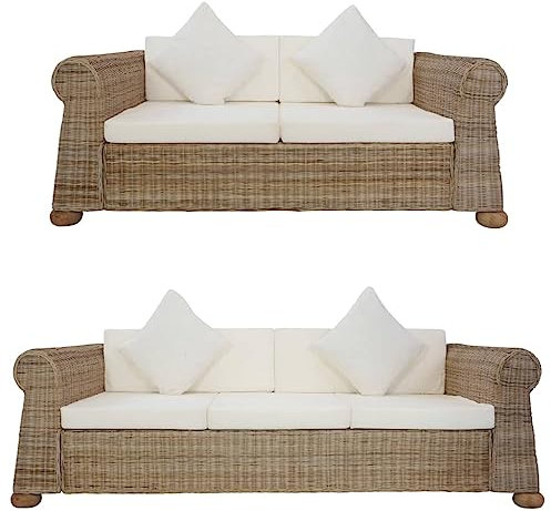 2-TLG. Sofagarnitur mit Kissen Natur Rattan,Rattan Sofa Set mit 2er & 3er Sofa Bequeme Sitzgruppe aus Naturrattan für Innen und Außen Wohnzimmer, Sofas