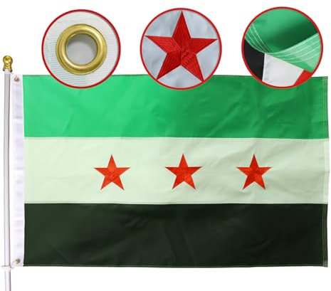 MIDLE Flagge der Republik Syrien, 90 x 150 cm, groß, bestickt, drei rote Sterne, vierfach genähte Fliegenenden, Haus-Hof-Dekoration, kostenlose syrische arabische Flagge, Armee-Banner