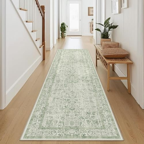 HUGEAR Vintage Grün Waschbarer Teppich 60x240cm LäUfer Flur rutschfest Weich Vorzimmer Tepich Kurzflor Schlafzimmer Retroteppiche KüChe Bedroom Brücken Hallway Carpet