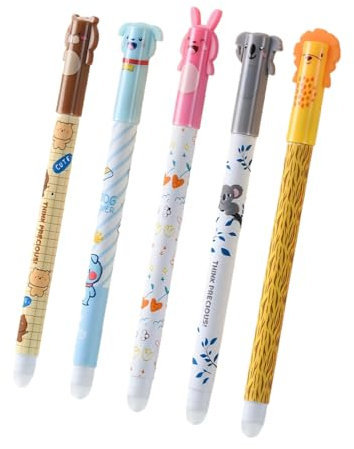 YUZNA Set de 5 stylos gel effaçables avec encre thermosensible, stylo legami animaux, stylo effacable, gamme de couleurs d'encre, design de baril (0,5 mm)
