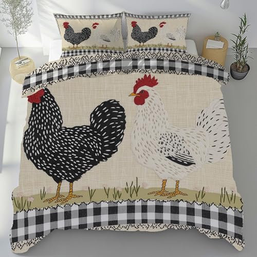 Meugesoi Bettwäsche 155x220cm Bauernhaus Huhn Bettbezug aus Microfaser Weiche Schöne Atmungsaktiv Pastoraler Gitter Bettwäsche Set - Bettbezug mit Reißverschluss und 2 Kissenbezug 80x80cm