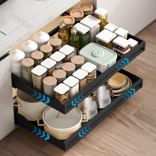 ZQEJEFD Tiroir Coulissant Cuisine, Rangement Coulissant Placard Cuisine, Tiroir de Rangement Coulissant Sous Armoire, Coulisse Tiroir Cuisine sans Perçage, Extensible 33-55cm, Noir