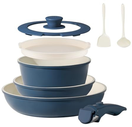 BECIGAR 8PCS Ceramic Cookware,Nonstick Ceramic Pan, Removable Handle Pots and Pans Set, Stackable Set, Nonstick Pan Pots and Pans Set Non Stick (Blue)