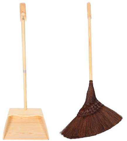 Handmade Japanese Wooden Broom and Dustpan Set for Hard Floors | Palm Bristles, Antistatic Scratchfree Cleaning, Beige Vintage Style for Lobby and Modern Interiors
