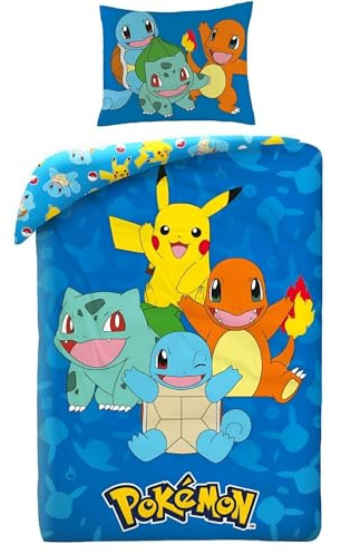 Aymax Pokémon Kinder Bettwäsche Set – 2-teilig – 135/140x200 cm & 60x70 cm – Mikrofaser – Wendebettwäsche mit Kanto-Starter-Motiven – 100% Polyester