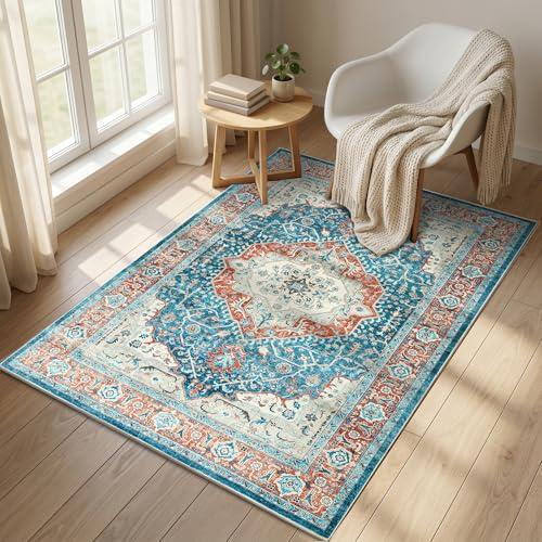 Aspire Homeware Washable Rugs Living Room 80 x 150 cm Vintage Design Orange Teal Rug for Dining Room Soft Area Rugs for Bedroom Non Slip Rug for Kids Room Low Pile Plush Carpet, Regal