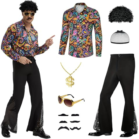 JDFAIJEAL Disco Kostüm Set Herren,Retro 70er 80er Stil,Karneval Verkleidung | Retro 70er-80er Jahre Stil mit Paillettenhemd, Schlaghose, Afro-Perücke, Halskette, Sonnenbrille & Bartaufkleber,Themenparty