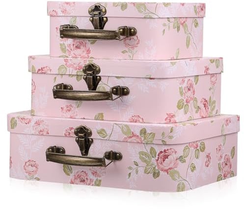 GALPADA Baby Suitcase Box 3Pcs Paperboard Floral Storage Boxes with Handles Stackable Decorative Flower Pattern Boxes for Wedding Birthday Baby Shower