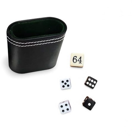 Backgammon Würfel-Set (5-teilig) mit Dopplerwürfel 16 mm + 4 Spielwürfeln 12 mm – inkl. Würfelbecher aus schwarzem PU-Leder mit grünem Filz – geeignet für Tavla/Tavli/Nardi (1 Set)