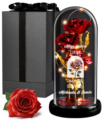 Maverton ewige Rose mit Licht personalisiert - Infinity Rose in Glaskuppel - Hochzeitsgeschenke für Brautpaar - personalisierte Geschenke zum Hochzeitstag zur Hochzeit - Pärchen Geschenke