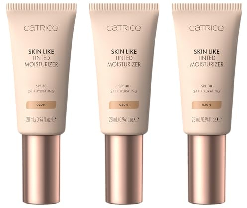 Catrice Skin Like Tinted Moisturizer, Make-up, Nr. 020N, Nude, feuchtigkeitsspendend, pflegend, natürlich, für trockene Haut, vegan, ölfrei, Naturkosmetik, ohne Parabene, 3er Pack (3x28ml)