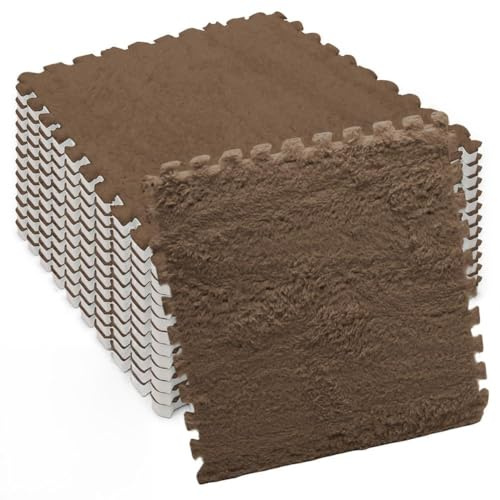 Ineinandergreifende Plüsch-Schaumstoffmatte, 12 Stück Wohnzimmer-Schlafzimmer-Teppichfliesen, 30cm*30cm*1cm Zusammensteckbare Schaumstoff-Bodenfliesen für Wohnzimmer, Schlafzimmer (Dunkelbraun)