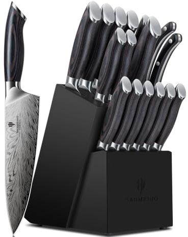 SANMEIHO Japanisches Küchenmesser-Set 16-teiliges aus Pulverstah | Kochmesser-Set Messerblock mit Hohem Kohlenstoffgehalt 63 HRC Professionelle 12° Scharfe Klinge mit Pakkaholz-Griff