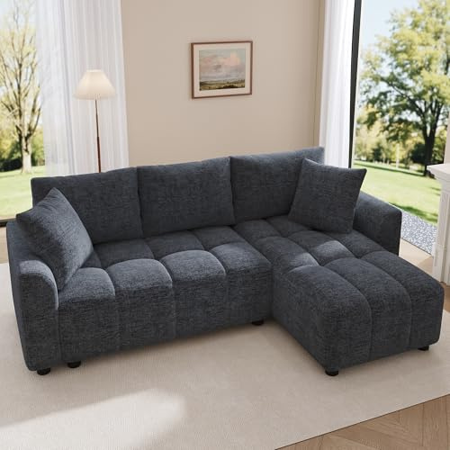 Merax Sofa 3-Sitzer Ecksofa mit Chaiselongue und 2 Zierkissen, wandelbares Eckcouch in L-Form, Couch aus Chenillestoff, für Wohnzimmer/Schlafzimmer/Wohnung, Grau