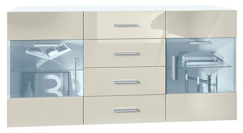 Vladon Sideboard Kommode Bari V1, Made in Germany, Korpus in Weiß matt/Front in Creme Hochglanz (139 x 72 x 35)