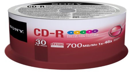 Sony 30CDQ80XP CD-R 48X 80 min/700MB Color Spindle Compact Disc, 30-Pack