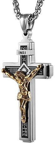 HZMAN Kreuz Kette für Herren Edelstahl Jesus Kruzifix Kreuz Halskette Anhänger Schmuck Geschenk (Silber Gold)