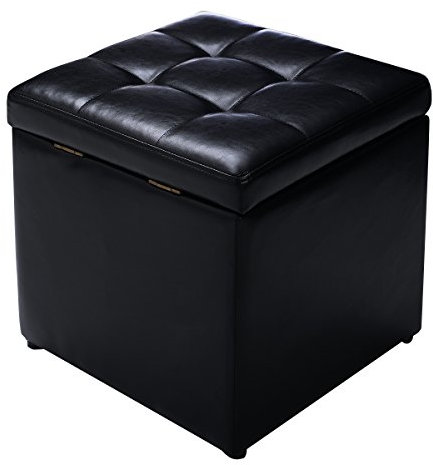 COSTWAY Linen Fabric/Faux Leather Ottoman, Pouffe Storage Toy Box with Hinge Top | Padded Foot Stool, Cube Bench Seater for Living Room, Bedroom & Office, 150Kg Capacity (Faux Leather, Black)