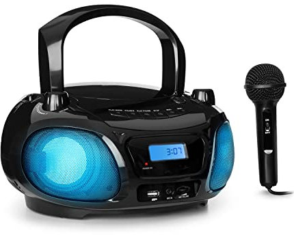 Auna Portable Radio CD Player for Home, 3W Boombox FM+ Radio with Bluetooth + AUX, Stereo System w/Mic, LED Lights & Carrying Handle, USB, MP3 & Bluetooth 5.0 Streaming, Boombox Radio Mains Powered