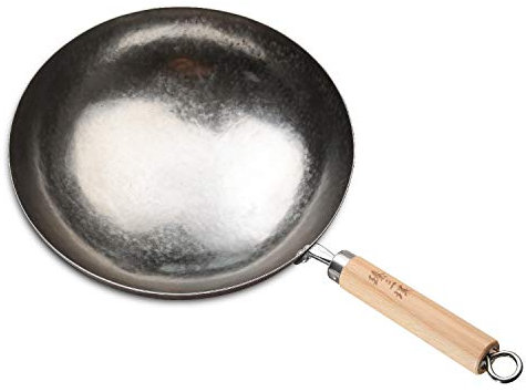 ZhenSanHuan Handgehämmerte Eisen-Wok-Pfanne mit rundem Boden, 30 cm im Durchmesser, Holzgriff ohne Haltegriff, nicht voreingebrannt