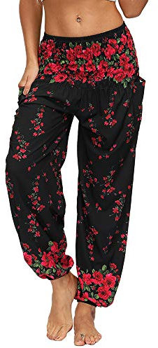 Nuofengkudu Damen Hippie Hosen mit Taschen Haremshosen Yogahosen Leichte Boho Muster High Waist Yoga Hosen Bunt Gemustert Lockere Pumphose Freizeithose Sommer Strand(X-Schwarze Blume,One Size)