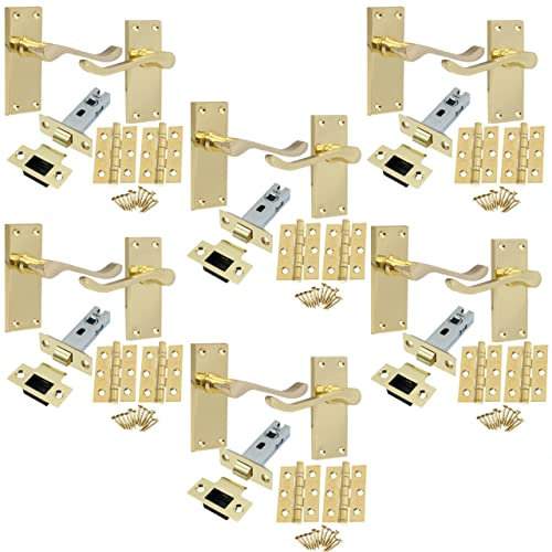 EAI Victorian Scroll Door Handles Latch Pack - Polished Brass - Pack of 6