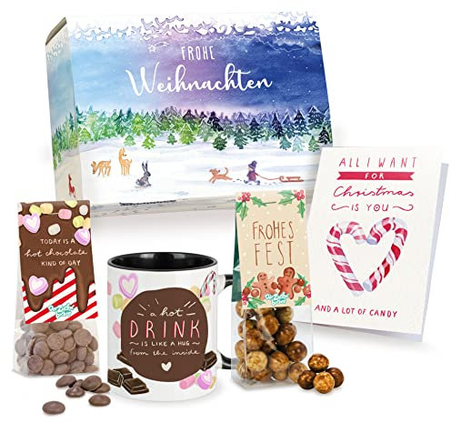 Geschenkbox Frohe Weihnachten – schönes Weihnachts-Geschenk mit Keramik-Tasse, Süßigkeiten und Karte