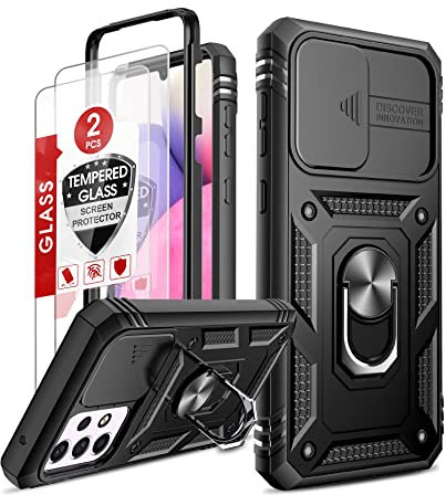 LeYi für Samsung A33 Hülle, Galaxy A33 5G Kameraschutz Handyhülle mit 2 Glasfolie, 360° Drehhalter Ring Schutzhülle Militär Stoßfest Kratzfest Outdoor Handy Hüllen für Samsung A 33 Schwarz
