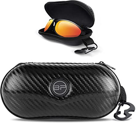 BLUPOND Sonnenbrillenetui halbharte EVA-Schale mit Metallhaken zum Aufhängen, Gürtelclip, Sonnenbrille, Karbonfaser-Haut, Einheitsgröße