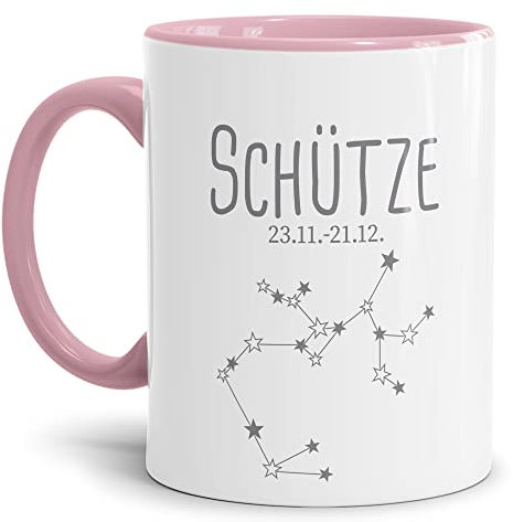 Tasse mit Sternzeichen Schütze - Sternbild Kaffeetasse mit Spruch - Geschenk zum Geburtstag, Horoskop, Astronomie - Keramik Innen & Henkel Rosa, 300 ml | Schütze