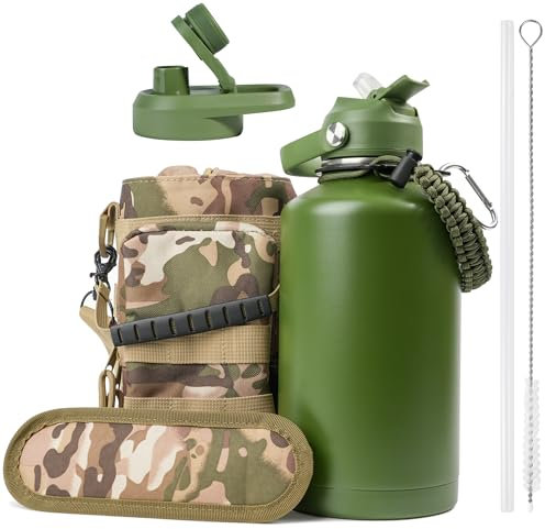 Kalawen Stainless Steel Sports Water Bottle - 1.89 Litre Large Water Bottle- Portable Oxford Cloth Storage Bag with Carrying Strap and Leak-Proof Screw Cap for Sports, Camping, Gym, Canteen