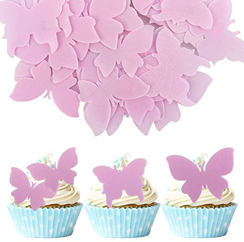 Gyufise 50pcs Wafer 3D Pink Butterfly Cupcake Toppers DIY Realistic Dessert Decoration for Birthday Party Wedding Food Decorations Mixed Size