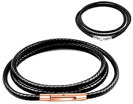 Findout 2mm black Waterproof Braided Leather Necklace For Men, Rose Gold Stainless Steel Buckle Clasp Hyponic Wax Rope leather Chain Necklace For Women Girl Boy 14-36inch (16)