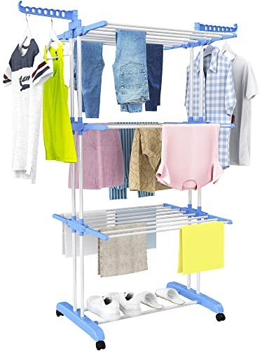 HOMIDEC Etendoir Linge Interieur, 4 Niveaux Grande Sechoir a Linge Pliable avec Roues, Acier Inoxydable Seche Linge Etendoir pour Usage Intérieur et Extérieur, Bleu