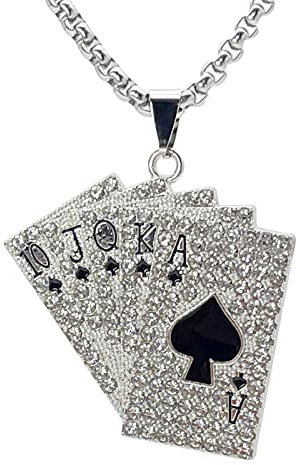 KONFEN Kette Herren Damen mit Anhänger, Flush Poker Halskette Wikinger Kette aus Edelstahl mit Strass für Männer 70cm, Kettenanhänger Edelstahlkette Necklace Pendant Men Ketten Chain für Hip Hop Punk