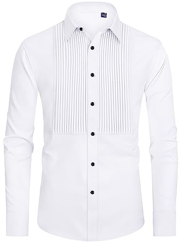 J.VER Men's Tuxedo Shirt Formal Dress Shirt Pleated Long Sleeve Button Down Shirts for Prom Party Wedding, A-White+Black Button, S