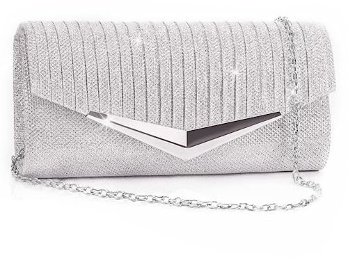 Larcenciel Damen Clutch, Glitzer Abendtasche mit Abnehmbarer Kette, Elegant Envelope Handtasche, Pailletten Umhängetasche (Silber)