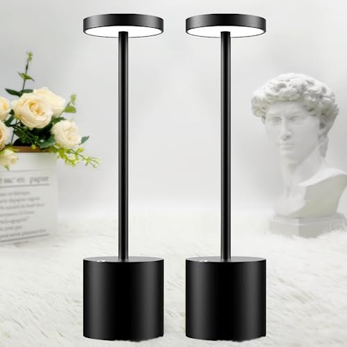 Hapfish 2 Stück LED Tischlampe Kabellos, 5000mAh Akku Dimmbar Tischleuchte, Aluminium, 3 Farbtemperatur, Touch Tischlampen Aufladbar für Indoor Outdoor Nachttisch Esstisch Bar Terrasse (Schwarz)