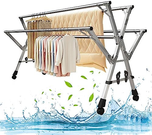 YSUEFIJO Etendoir a Linge Exterieur Pliable, Etendoir a Linge Extensible, Etendage Linge Interieur Solide, Sechoir a Linge Retractable, Tubes en Acier Inoxydable, Multifunction Clothes Rack (200cm)