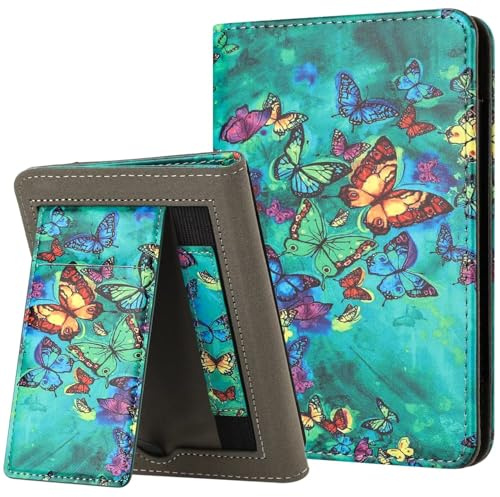 MOKASE para 6.8 Kindle Paperwhite 11ª Generación Funda(Modelo:M2L3EK/M2L4EK), Funda rígida de cuero PU, Despertador/Dormir Automático con Correa de Mano para Kindle Paperwhite 2021, Green Butterflies