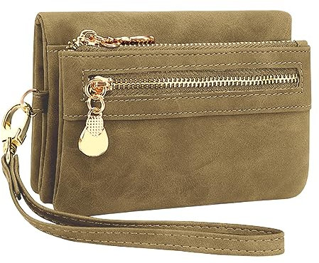 Portefeuille Femme Petit Porte Monnaie Femmes en Cuir PU Court Porte Feuilles pour Femme avec 10 Porte-Cartes, Portefeuilles Femme avec Zippé Pochette à Monnaie et Bracelet amovible(Beige camel)